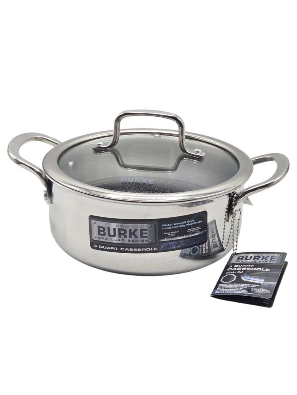 David Burke 8in 3Qt Nonstick Casserole Pot With Lid Geo Clad Tri-Ply Cookware